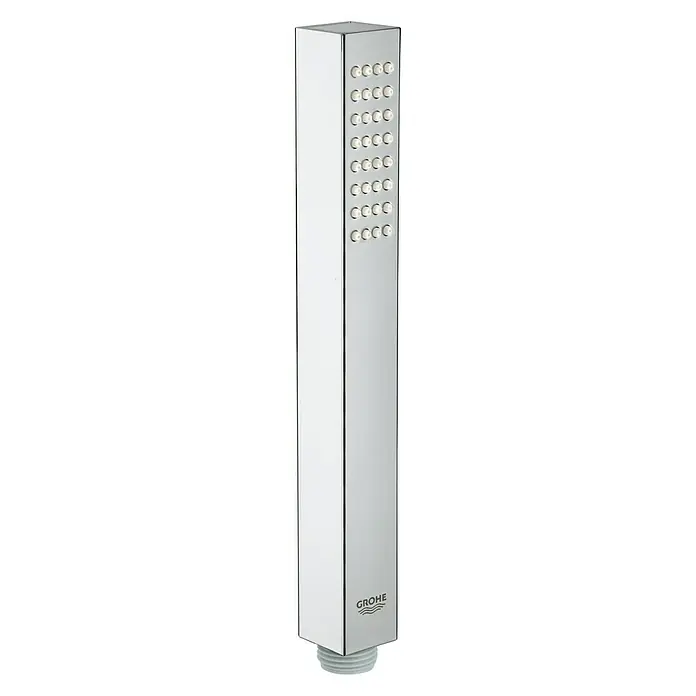 Grohe Euphoria Cube Handbrause Stick - Anzahl Funktionen: 1 Stk., 9,5 l/min, Chrom - Abbildung einer quadratischen Grohe Handbrause aus Chrom mit Wasserdüsen. Sie ist modern und ideal für Badezimmer mit Stil.