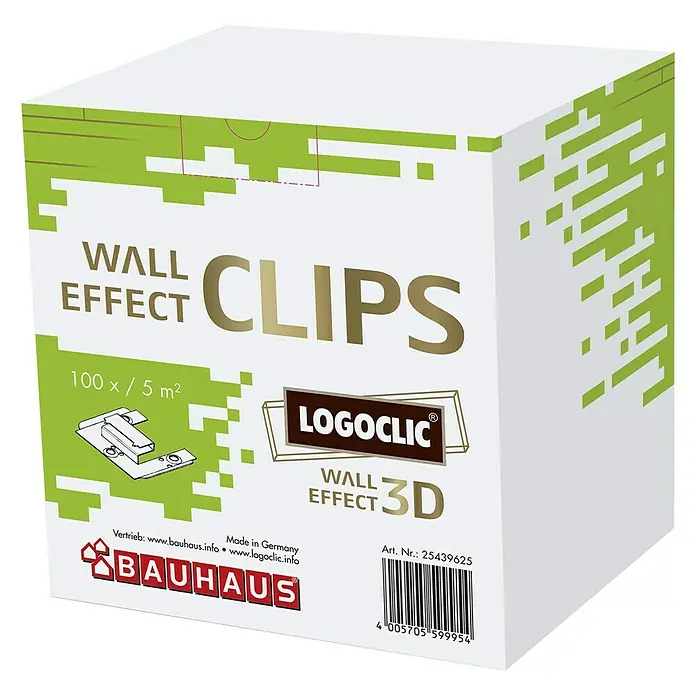 LOGOCLIC Paneelkrallen Wall Effect 3D - 100 Stk. - Eine Verpackung Wall Effect Clips von Logoclic, geeignet für 100 Elemente oder 5 m² Wandfläche, ideal für die Wandgestaltung.