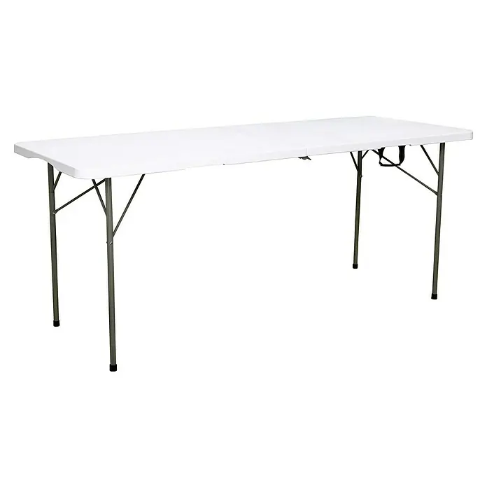 Mesa de jardín Alan Pop Up - L x An x Al: 180 x 70 x 74 cm, Acero/HDPE, Rectangular, Blanco roto - Imagen de una mesa plegable blanca, perfecta para eventos. Su diseño robusto asegura estabilidad y fácil almacenamiento.
