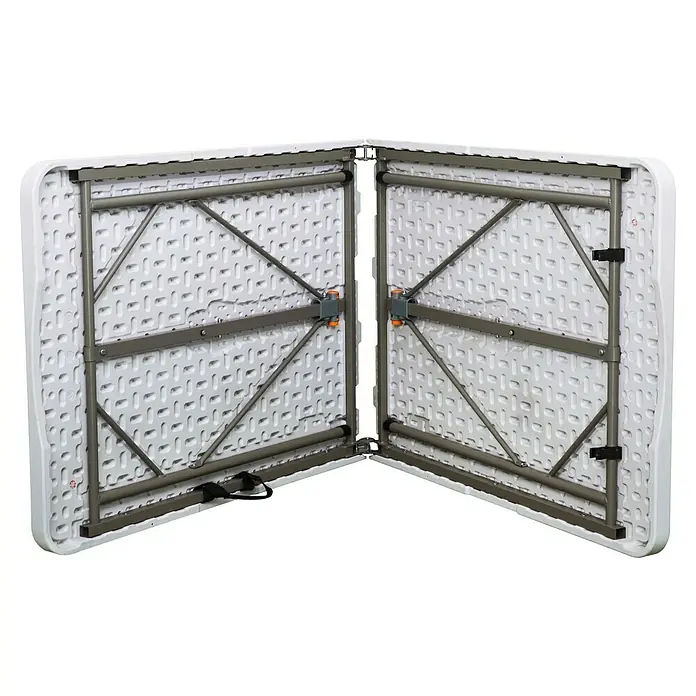 Mesa de jardín Alan Pop Up - L x An x Al: 180 x 70 x 74 cm, Acero/HDPE, Rectangular, Blanco roto - Mesa plegable blanca plegada con marco de metal gris y correa de transporte para facilitar el transporte y el almacenamiento en interiores y exteriores.