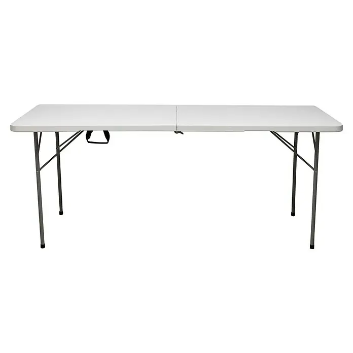Mesa de jardín Alan Pop Up - L x An x Al: 180 x 70 x 74 cm, Acero/HDPE, Rectangular, Blanco roto - Una mesa plegable blanca con estructura metálica gris, ideal para eventos o como espacio de trabajo adicional. Práctica y fácil de guardar.