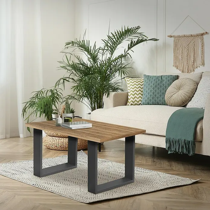 ECD Germany Tischgestell Bankkufen modernes Industriedesign Möbelfüße aus Metall - L x B x H: 8 x 40 x 72 cm, Stahl - Ein moderner Couchtisch mit einer Holzplatte und einem robusten, dunklen Metallgestell, ideal für stilvolle Wohnzimmer.