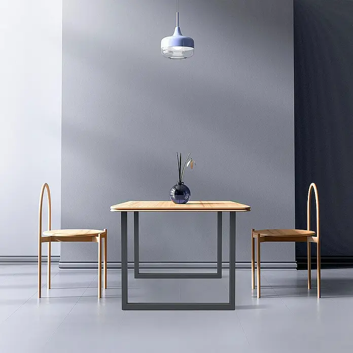 ECD Germany Tischgestell modernes Industriedesign Möbelfüße aus Metall - L x B x H: 8 x 80 x 72 cm, Stahl - Minimalistischer Esstisch mit hellbrauner Tischplatte und dunklem Metallgestell, ergänzt durch zwei Stühle und eine elegante Lampe.