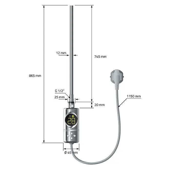 ECD Germany Elektro-Badheizkörper Handtuchheizkörper Sahara Seitenanschluss gerade mit Heizstab 900W - B x H: 40 x 120 cm - Abbildung eines Heizstabs mit den Maßen 865 mm Höhe und 12 mm Durchmesser, sowie einem 1150 mm langen Kabel.