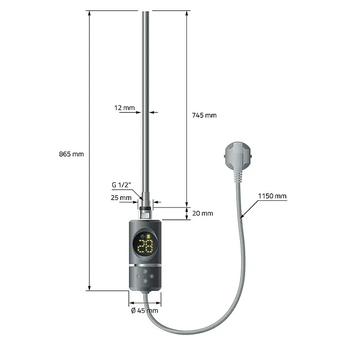 LuxeBath Elektro-Badheizkörper Handtuchheizkörper Sahara Seitenanschluss gerade mit Heizstab 900W - B x H: 50 x 180 cm - Abbildung eines Heizstabs mit verschiedenen Maßangaben, inklusive Durchmesser, Länge und Gewindegröße für technische Details.