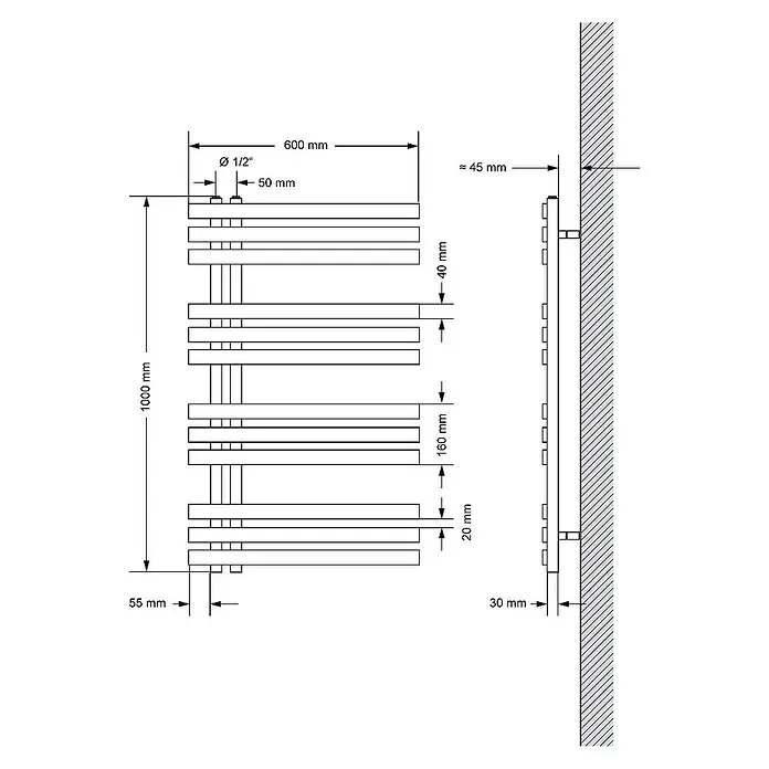 LuxeBath Elektro-Badheizkörper Design Handtuchheizkörper Handtuchwärmer Elektrisch mit Heizstab 600W - B x H: 60 x 100 cm - Technische Zeichnung eines Handtuchwärmers mit Maßangaben zu Abmessungen und Wandabstand.