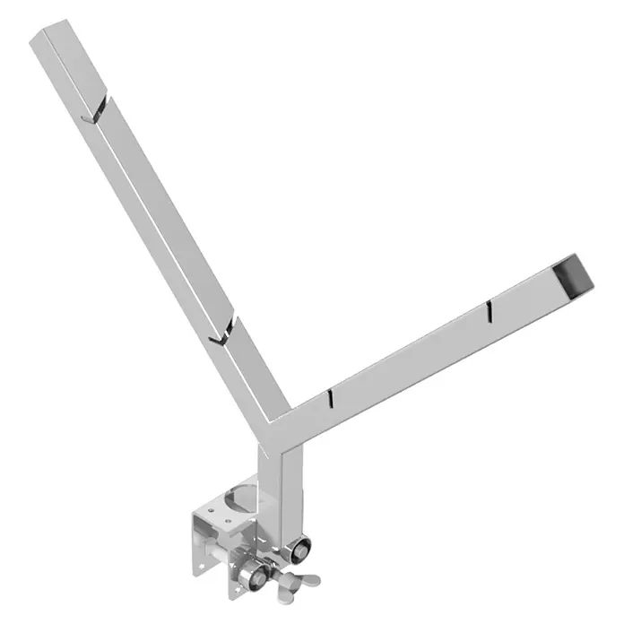 Schake Bauzaun Übersteigschutz - Stahl, Verzinkt - Produktansicht des silbernen Y-förmigen Produkthalters mit einem Quader-Design.