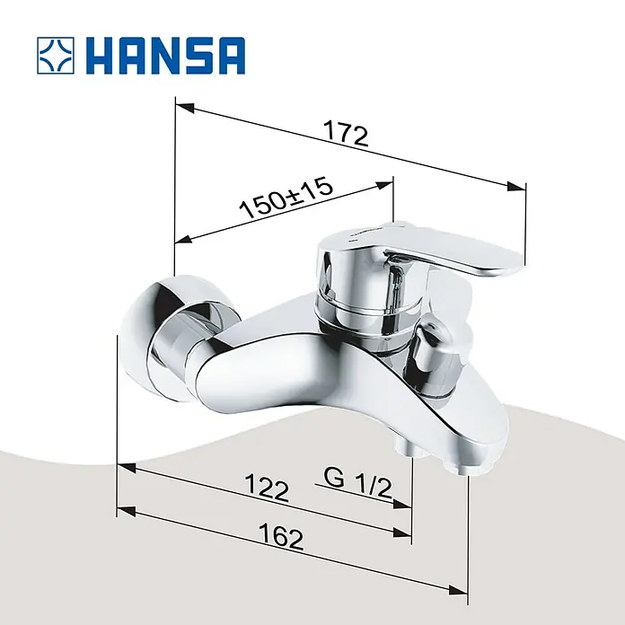 Hansa Mix Badewannenarmatur - Ausladung Armatur: 162 mm, Chrom, Glänzend - Abbildung eines HANSA-Wasserhahns mit Maßangaben, der die Abmessungen und Spezifikationen des Produkts hervorhebt.