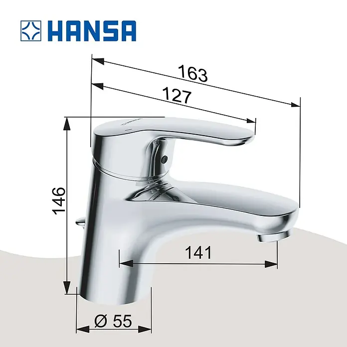 Hansa Polo Waschtischarmatur - Ohne Zugstange, Chrom, Glänzend - Abbildung einer Hansa Waschtischarmatur mit Maßangaben. Präzise Abmessungen für Installation und Design.