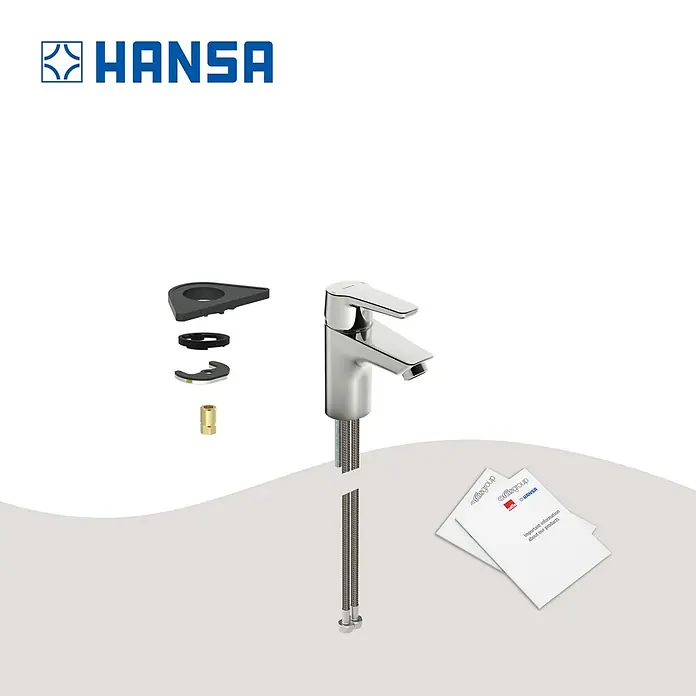 Hansa Polo Waschtischarmatur - Ohne Zugstange, Chrom, Glänzend - Produktbild einer HANSA Armatur mit Zubehör. Die moderne Armatur ist in Silber gehalten und für Badezimmer geeignet.
