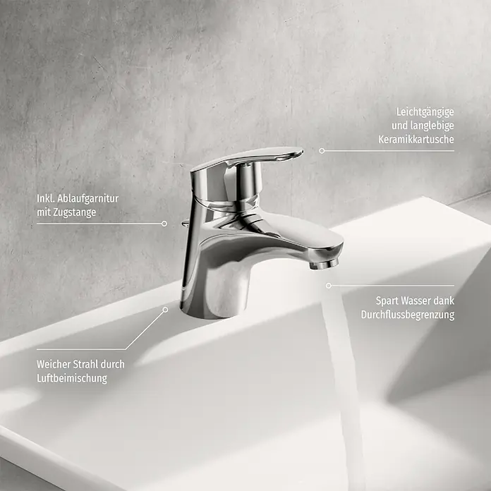 Hansa Mix Waschtischarmatur Typ 2 - Mit Zugstange, Chrom, Glänzend - Nahaufnahme einer glänzenden Waschtischarmatur mit Hinweisen auf Wassersparfunktion, leichtgängige Keramikkartusche und weichen Strahl.