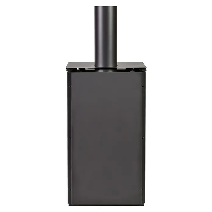 Firefix Kaminofen Etna 2.0 - L x B x H: 42,5 x 53,6 x 97 cm, Stahl, Weiß - Aufnahme eines Kamins mit einem schlanken, modernen Design, mit einem markanten Rohr und einer rechteckigen Basis. Das Erscheinungsbild ist elegant und zeitgemäß.