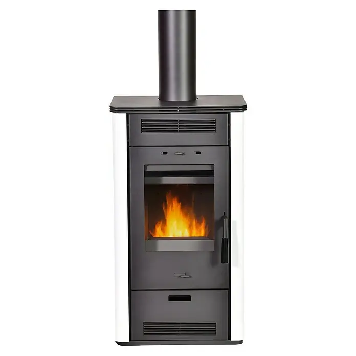 Firefix Kaminofen Etna 2.0 - L x B x H: 42,5 x 53,6 x 97 cm, Stahl, Weiß - Ein detailreiches Bild eines modernen Kaminofens, der Wärme und Stil in jeden Raum bringt. Das Design ist elegant und funktional.