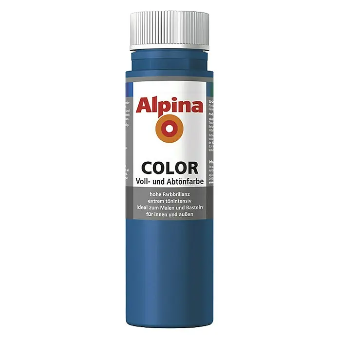 Alpina Vollton- & Abtönfarbe Color - Cool Blue, Matt, 250 ml, Lösemittelfrei - Eine blaue Flasche Alpina Color Voll- und Abtönfarbe, ideal zum Malen und Basteln, für Innen- und Außenbereiche.