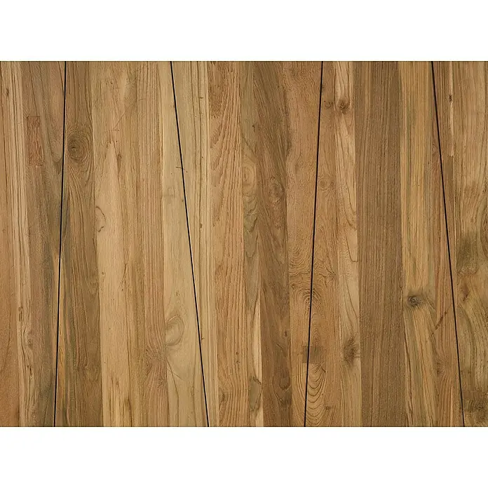 Sunfun Garten-Tischplatte - Durchmesser: 150 cm, Teak, Natur - Nahaufnahme einer Oberfläche aus Teakholz mit einer schönen Maserung, ideal für den Einsatz im Innenbereich.