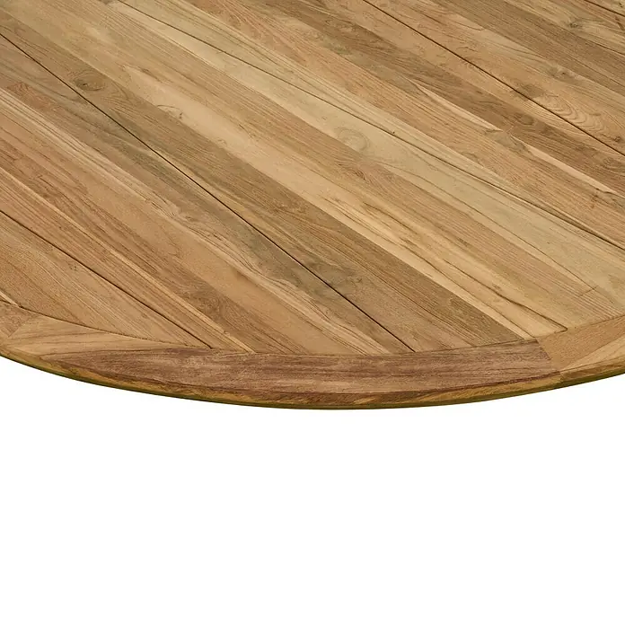 Sunfun Garten-Tischplatte - Durchmesser: 150 cm, Teak, Natur - Nahaufnahme einer runden Tischplatte aus Teakholz mit diagonal verlaufenden Holzpaneelen und einer umlaufenden Einfassung.