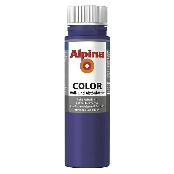 Alpina Vollton- & Abtönfarbe Color - Pretty Violet, Matt, 250 ml, Lösemittelfrei - Abbildung einer Flasche Alpina Color Voll- und Abtönfarbe in intensivem Blau, ideal zum Malen und Basteln im Innen- und Außenbereich.