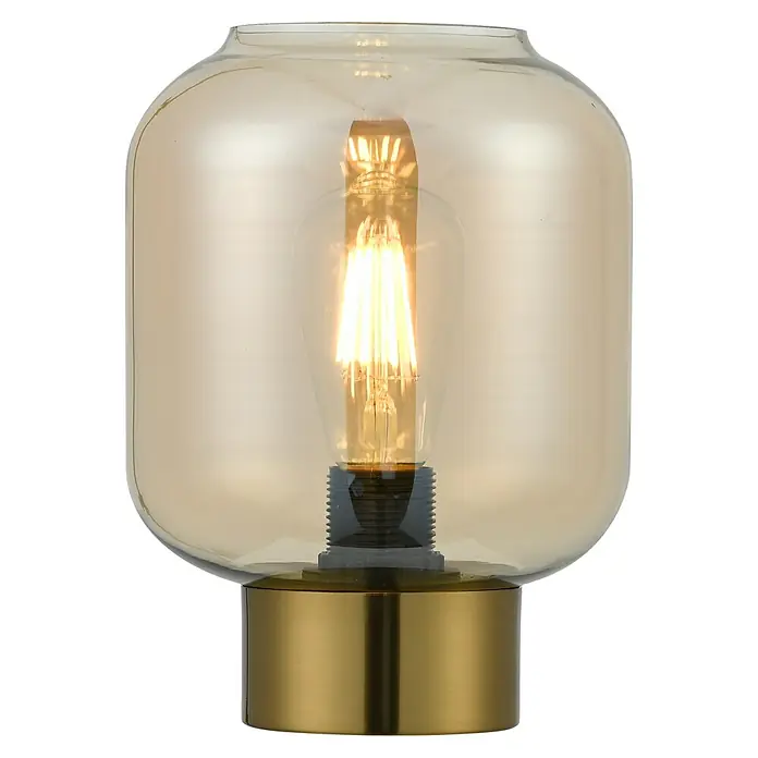 Lámpara de sobremesa redonda - 40 W, Ø x Al: 20 x 70 cm, Ámbar, E27 - Elegante lámpara de mesa con vidrio ámbar y base dorada. La lámpara emite una luz cálida y es un elemento decorativo elegante para cualquier habitación.