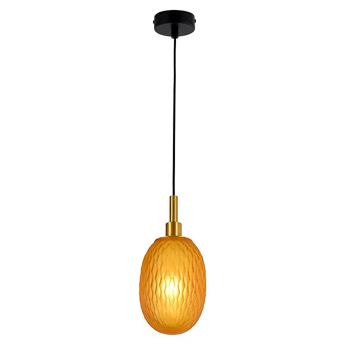 Lámpara colgante redonda - 60 W, Ø x Al: 15 x 150 cm, Ámbar, E27 - Esta lámpara colgante cuenta con cristal ámbar y detalles en tono dorado, añadiendo calidez y estilo a cualquier habitación.