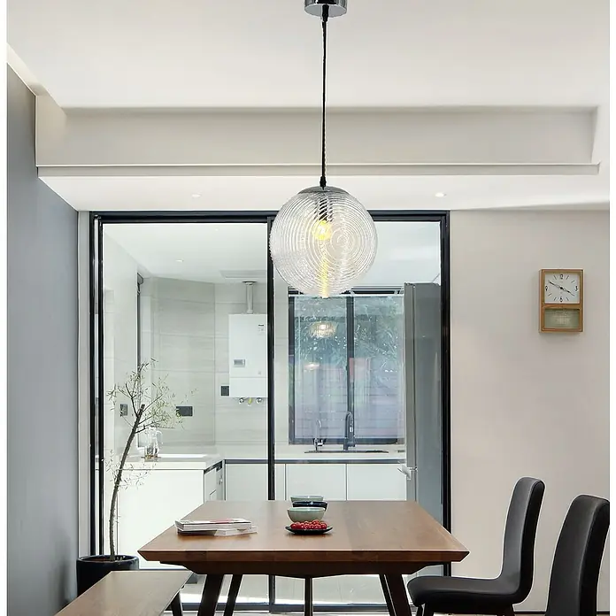 Lámpara colgante redonda - 60 W, Ø x Al: 25 x 150 cm, Gris, E27 - La moderna lámpara colgante con una pantalla esférica de vidrio transparente cuelga elegantemente sobre la mesa de comedor e ilumina la habitación.