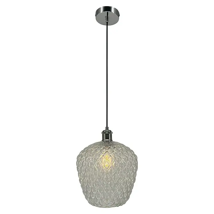 Lámpara colgante redonda - 60 W, Ø x Al: 25 x 150 cm, Transparente, E27 - Primer plano de una elegante lámpara colgante con una pantalla de vidrio transparente texturizado y detalles cromados, que irradia elegancia moderna.