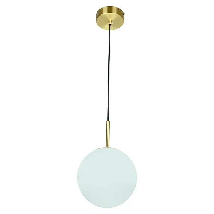 Lámpara colgante redonda - 60 W, Ø x Al: 25 x 150 cm, Blanco, E27 - Una lámpara colgante moderna con una esfera blanca y detalles dorados, que ofrece un diseño elegante para cualquier habitación.