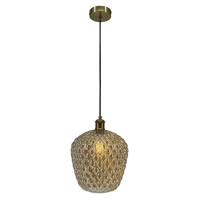 Lámpara colgante redonda - 60 W, Ø x Al: 25 x 150 cm, Ámbar, E27 - Primer plano de una lámpara colgante dorada con una pantalla de vidrio decorativa y detallada, creando un ambiente cálido y acogedor.