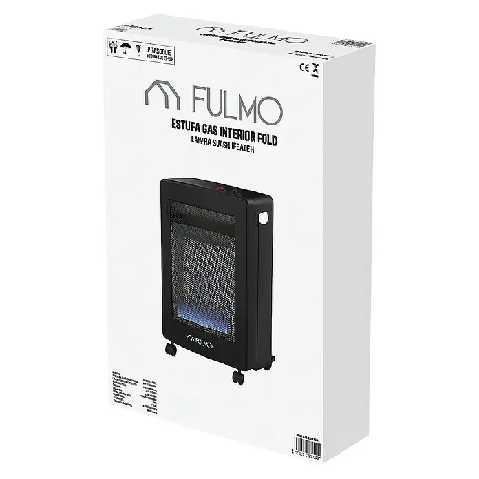Fulmo Estufa de gas de llama azul L - 4,2 kW, Negro - Primer plano de un calentador de gas para interiores Fulmo en negro, empaquetado en una caja de cartón blanca con información del producto.