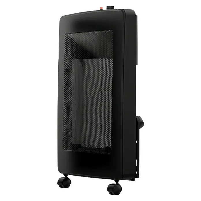 Fulmo Estufa de gas de llama azul L - 4,2 kW, Negro - Primer plano de un calefactor portátil negro con ruedas y una rejilla protectora, perfecto para calor adicional.