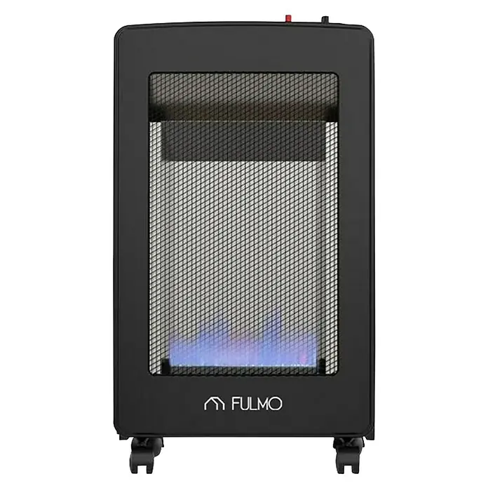 Fulmo Estufa de gas de llama azul L - 4,2 kW, Negro - Imagen de un calefactor de gas Fulmo negro, con rejilla protectora y llama azul.