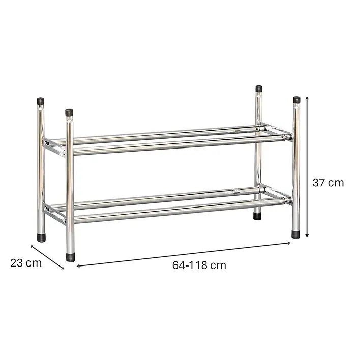 Schuhregal - L x B x H: 23 x 64 x 37 cm, Passend für: Bis zu 12 Paar Schuhe, Max. ausziehbar bis: 118 cm - Bild eines Schuhregals aus Metall mit zwei Ebenen und Größenangaben.