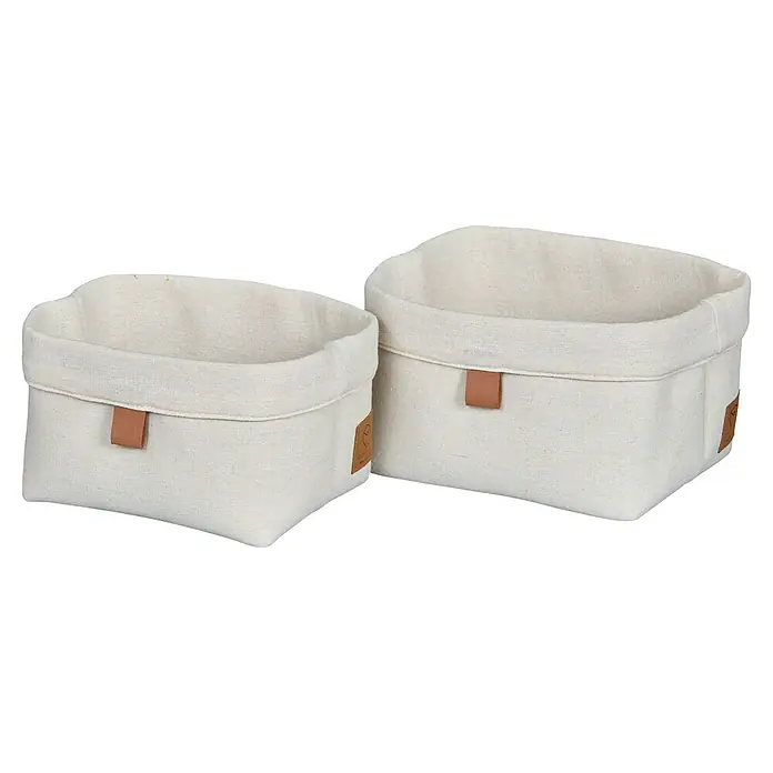 Store It Premium Bad-Aufbewahrungskorb - 22 x 18 x 16 cm, Baumwolle, Beige - Zwei Stoffkörbe in verschiedenen Größen, ideal zur Aufbewahrung. Die Körbe sind aus hellem Stoff gefertigt und haben braune Details.