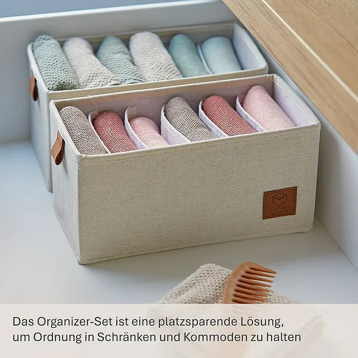 Store It Premium Bad-Aufbewahrungskorb - 30 x 15 x 15 cm, Naturfaser, Beige - Das Bild zeigt zwei Stoff-Organizer-Boxen mit Fächern, die zur Aufbewahrung von Kleidung in Schubladen dienen.