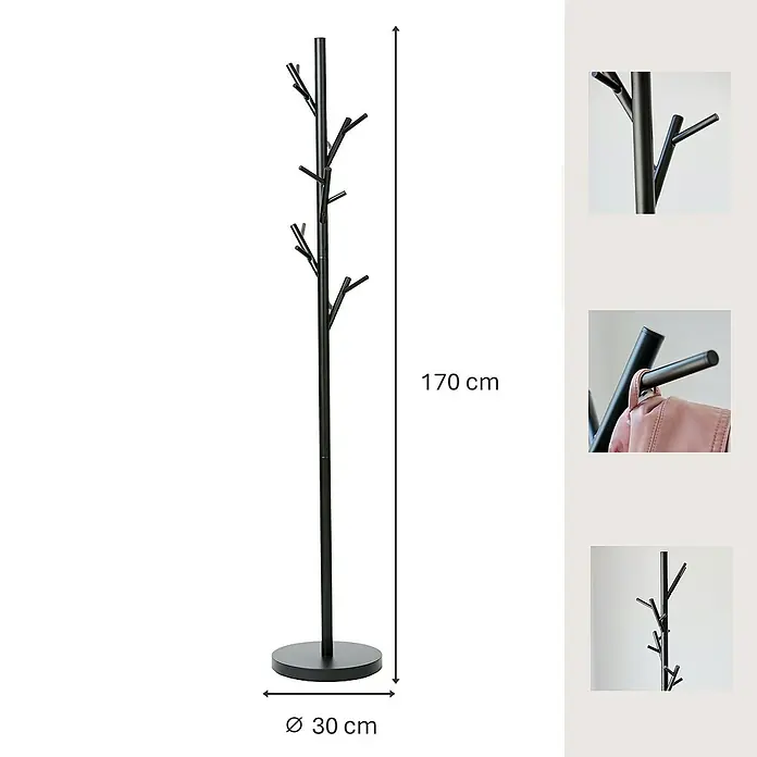 Garderobenständer Loft - Ø x H: 30 x 170 cm, Anzahl Haken: 15, Schwarz - Elegante, schwarze Garderobe in Baumform mit Maßen: Höhe 170 cm, Durchmesser des Fußes 30 cm. Praktisch und stilvoll für jeden Eingangsbereich.