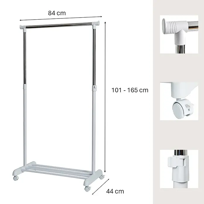 Store It Kleiderwagen - L x B: 44 x 84 cm, Höhenverstellung: 101 cm - 165 cm - Kleiderständer mit verstellbarer Höhe und Rollen. Ideal zur Aufbewahrung von Kleidung und Accessoires. Die Maße sind 84 x 44 x 101-165 cm.