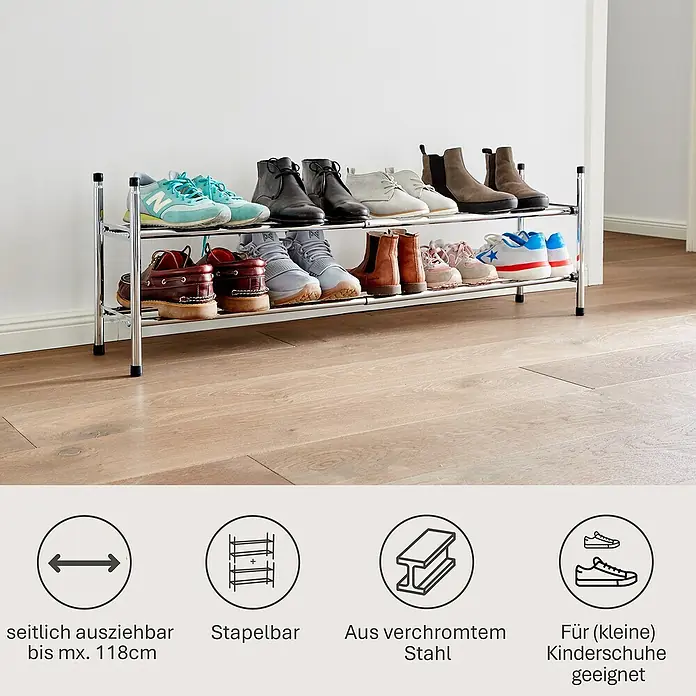 Schuhregal - L x B x H: 23 x 64 x 37 cm, Passend für: Bis zu 12 Paar Schuhe, Max. ausziehbar bis: 118 cm - Schuhregal aus verchromtem Stahl, seitlich ausziehbar bis maximal 118cm, stapelbar und für kleine Kinderschuhe geeignet.