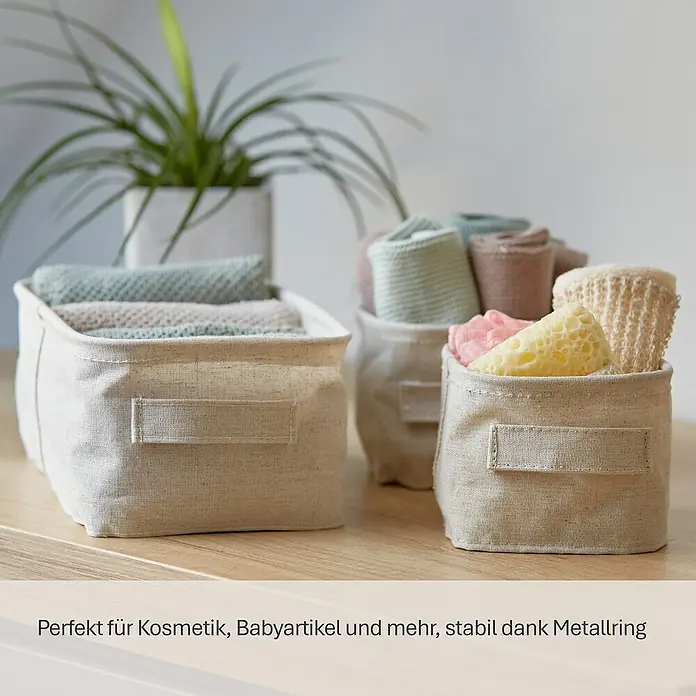 Store It Premium Bad-Aufbewahrungskorb - 26 x 16 x 12 cm, Naturfaser, Beige - Aufbewahrungskörbe aus Stoff in verschiedenen Größen mit Kosmetikartikeln und Babyprodukten. Praktisch und stabil dank Metallring.