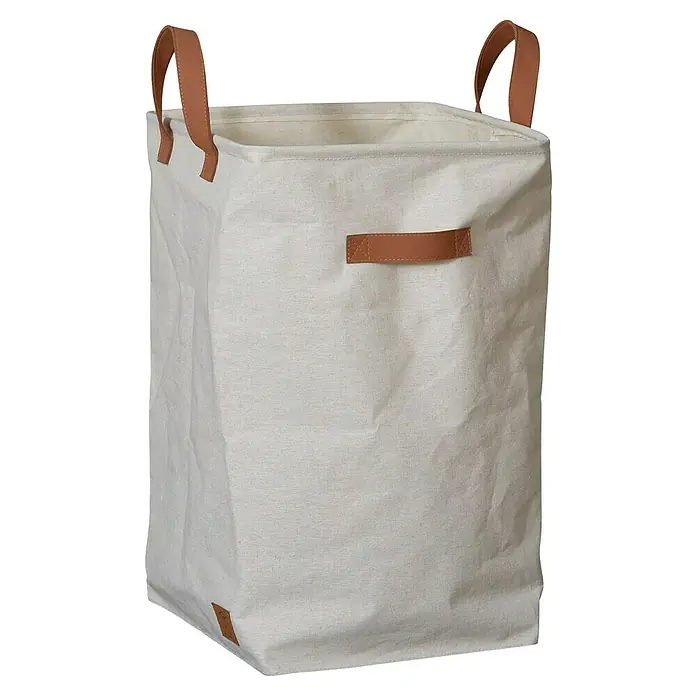 Store It Premium Wäschekorb - L x B x H: 35 x 35 x 58 cm, Beige - Ein schlichter, weißer Wäschekorb mit braunen Ledergriffen, der Funktionalität und Stil vereint. Ideal für jedes moderne Badezimmer.
