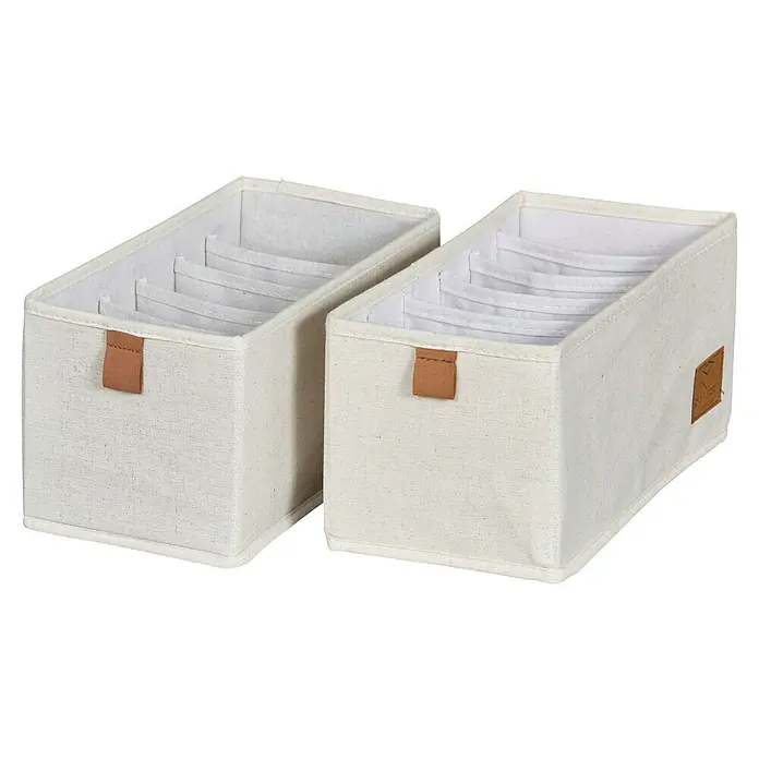 Store It Premium Bad-Aufbewahrungskorb - 30 x 15 x 15 cm, Naturfaser, Beige - Zwei rechteckige Stoffaufbewahrungsboxen mit Trennwänden und braunen Etiketten, ideal zur Organisation von Schubladen und Regalen.