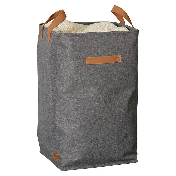 Store It Premium Wäschekorb - L x B x H: 35 x 35 x 58 cm, Grau - Grauer Wäschekorb aus Stoff mit Tragegriffen und Holzdetails. Der Korb ist mit heller Wäsche gefüllt und wirkt modern und funktional.