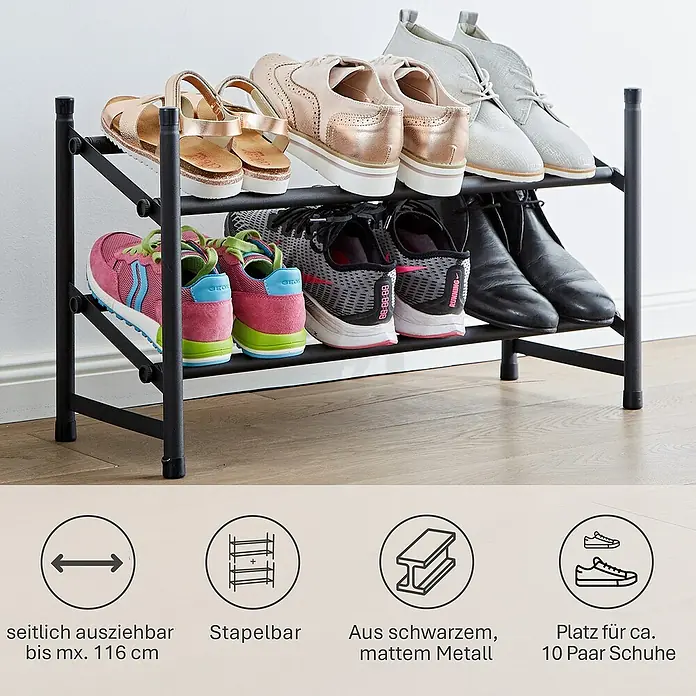 Schuhregal Loft - L x B x H: 23 x 116 x 36 cm, Schwarz - Schwarzes, mattes Schuhregal aus Metall für ca. 10 Paar Schuhe, seitlich ausziehbar bis maximal 116 cm und stapelbar.
