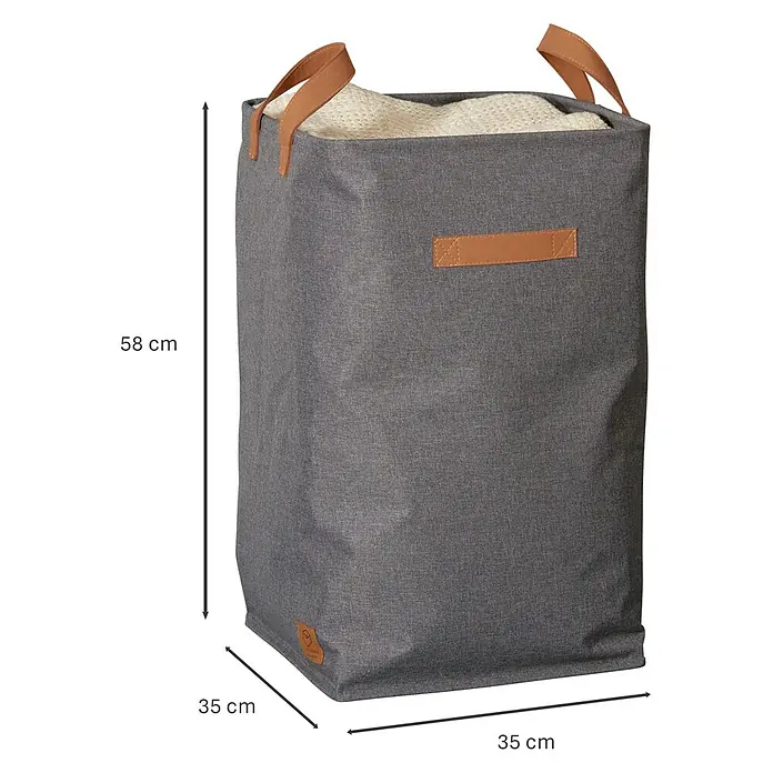 Store It Premium Wäschekorb - L x B x H: 35 x 35 x 58 cm, Grau - Grauer Wäschekorb aus Stoff mit braunen Griffen und Maßangaben.