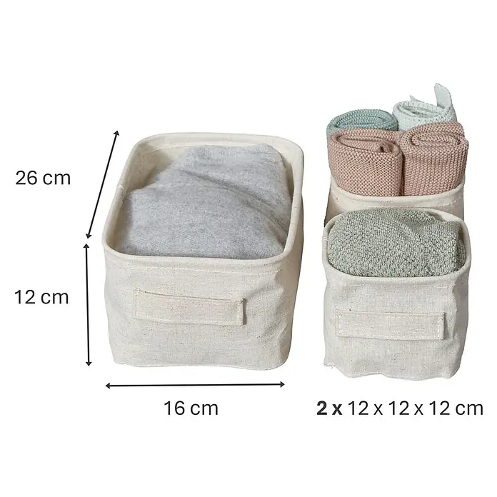 Store It Premium Bad-Aufbewahrungskorb - 26 x 16 x 12 cm, Naturfaser, Beige - Drei Stoffkörbe in verschiedenen Größen, die zur Aufbewahrung von Gegenständen verwendet werden können.