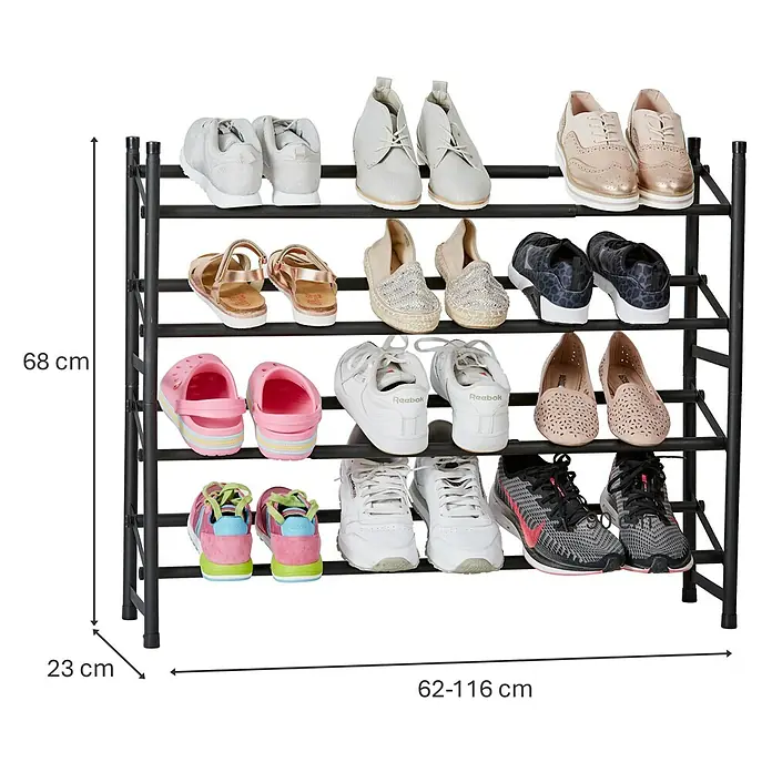 Schuhregal Loft - L x B x H: 23 x 116 x 68 cm, Schwarz - Schwarzes Schuhregal mit mehreren Ablagen, gefüllt mit verschiedenen Schuhen und mit Größenangaben.