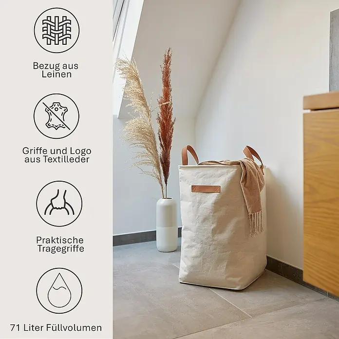 Store It Premium Wäschekorb - L x B x H: 35 x 35 x 58 cm, Beige - Wäschekorb aus Leinen mit Griffen aus Textilleder, praktischen Tragegriffen und 71 Liter Füllvolumen. Stilvolle Aufbewahrung für Ihre Wäsche.
