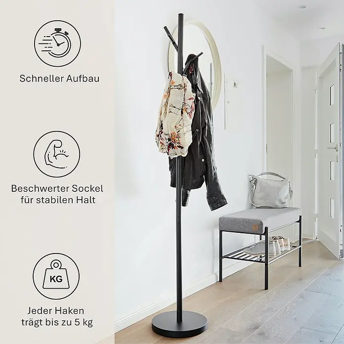 Garderobenständer Loft - Ø x H: 30 x 170 cm, Anzahl Haken: 15, Schwarz - Eine elegante, schwarze Garderobe mit einem stabilen Sockel, ideal für jeden Eingangsbereich. Praktisch und stilvoll.