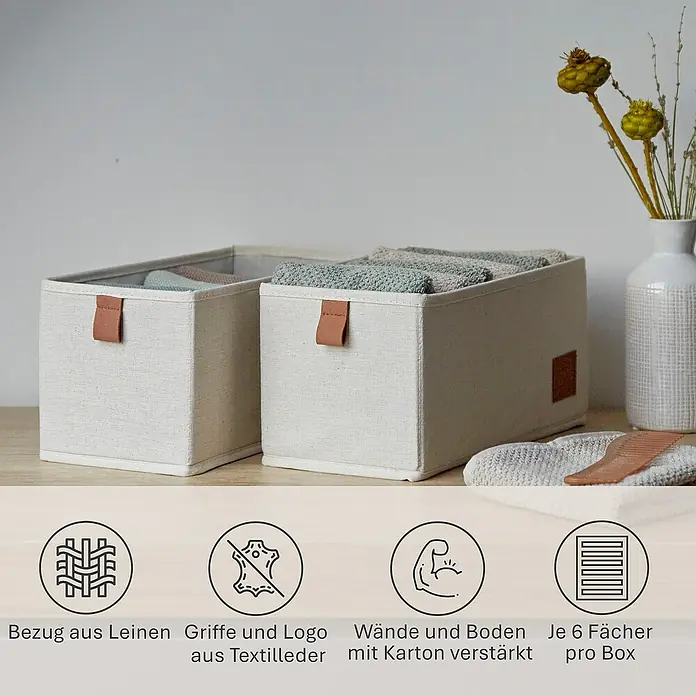 Store It Premium Bad-Aufbewahrungskorb - 30 x 15 x 15 cm, Naturfaser, Beige - Zwei quadratische, beige Aufbewahrungsboxen aus Leinen mit Griffen aus Textilleder und Fächern für mehr Ordnung.