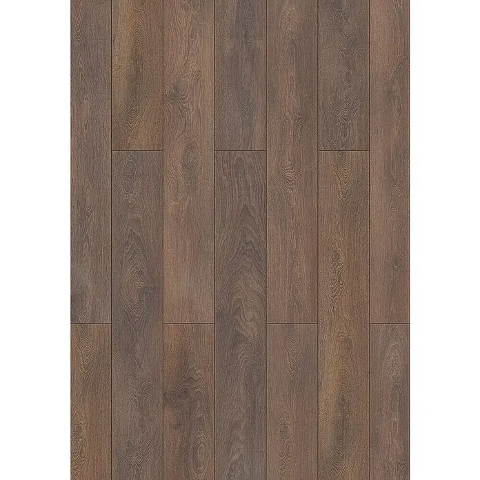 LOGOCLIC Ambienta Laminat - Eiche Oriolo, Landhausdiele, 1.288 x 195 x 10 mm - Ansicht von oben auf einen stilvollen, dunklen Holzboden mit einem warmen und einladenden Ambiente, der jedem Raum Eleganz verleiht.