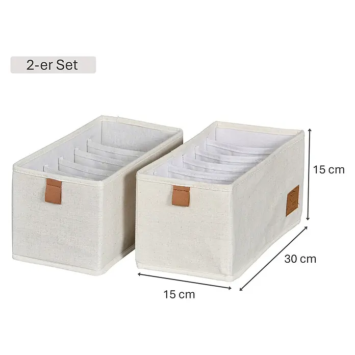 Store It Premium Bad-Aufbewahrungskorb - 30 x 15 x 15 cm, Naturfaser, Beige - Zwei beigefarbene Stoffaufbewahrungsboxen im Set mit Fächern und braunen Akzenten. Die Maße sind 15x15x30 cm.