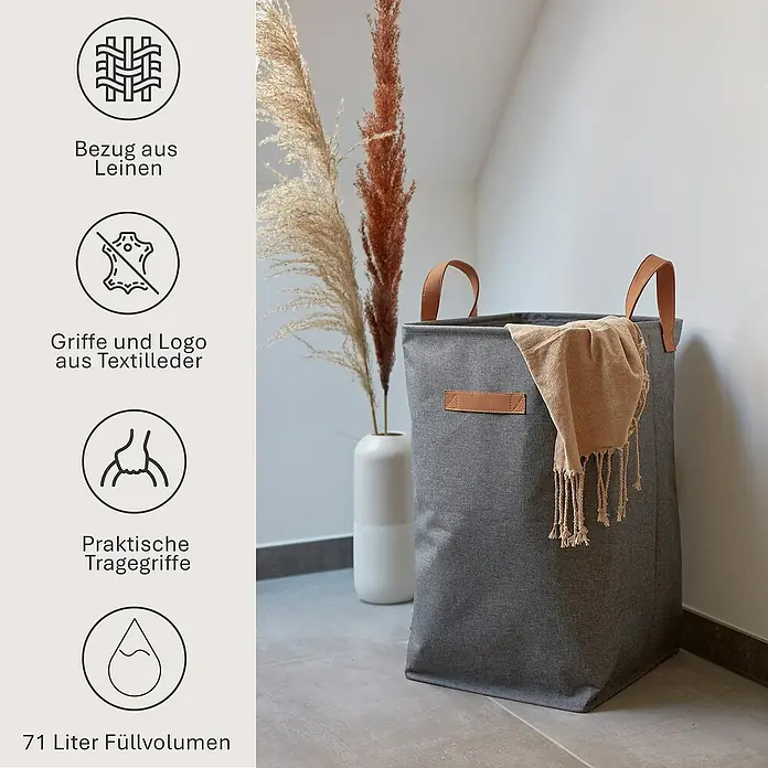 Store It Premium Wäschekorb - L x B x H: 35 x 35 x 58 cm, Grau - Grauer Wäschekorb aus Leinen mit Griffen aus Textilleder und einem Fassungsvermögen von 71 Litern.